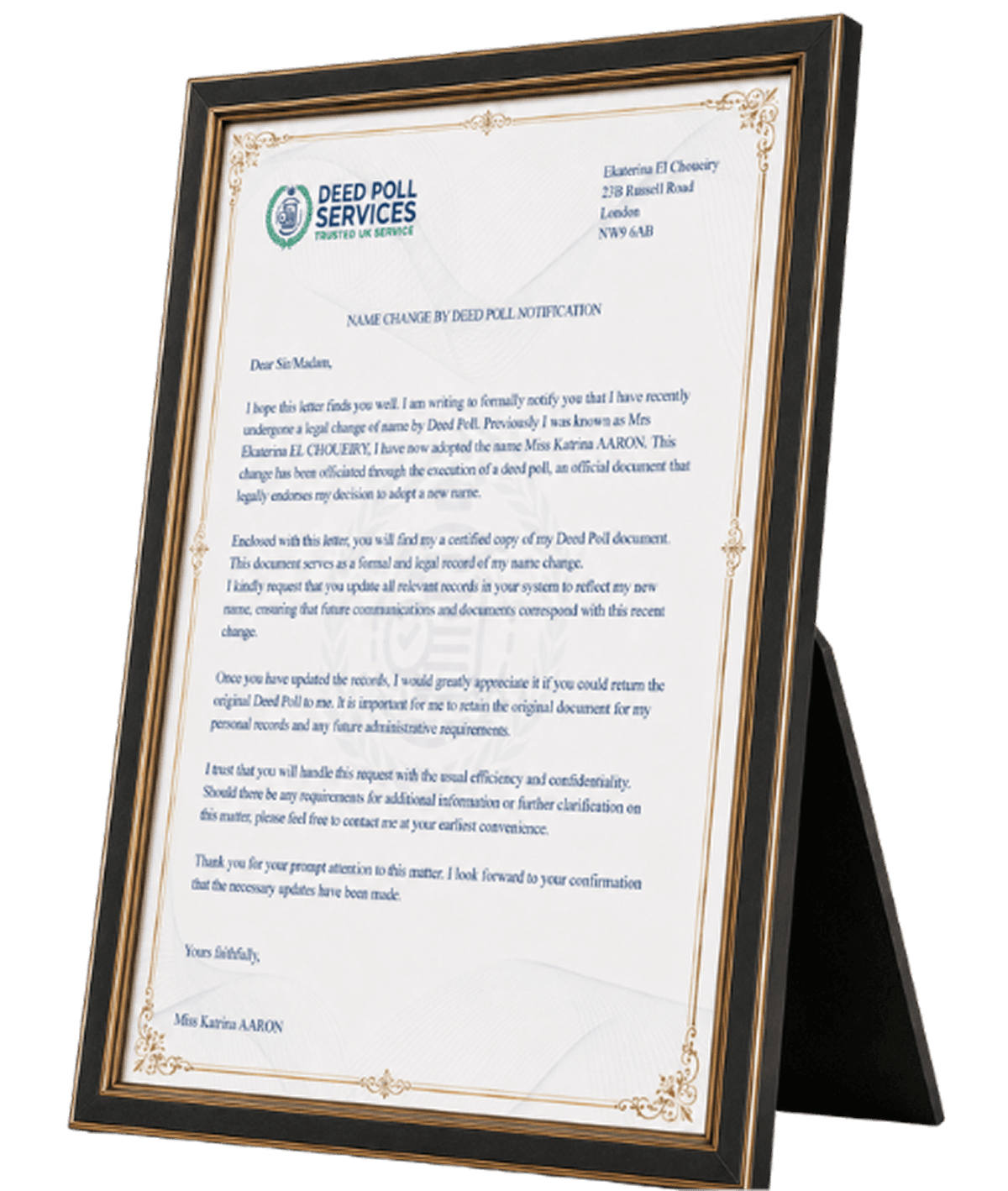 Deed poll framed document